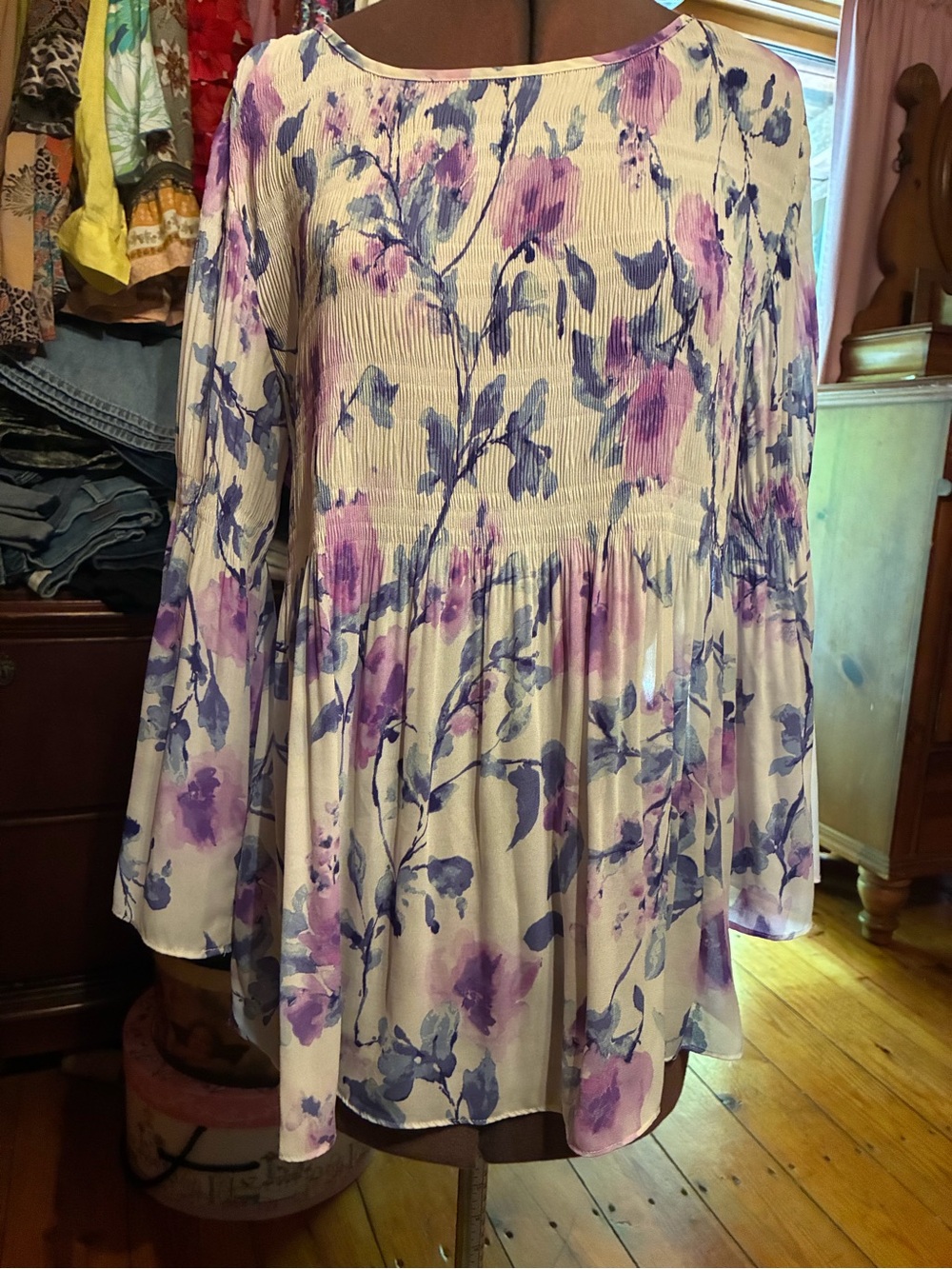 Floral & ivy Cream Floral Tunic with Purple and Blue Print